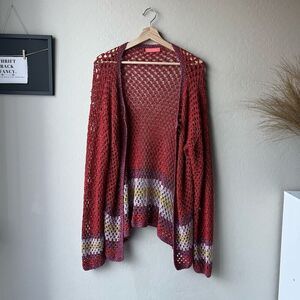 Rose Carmine Metallic Red Crochet Knit Colorblock Open Cardigan Sweater One Size
